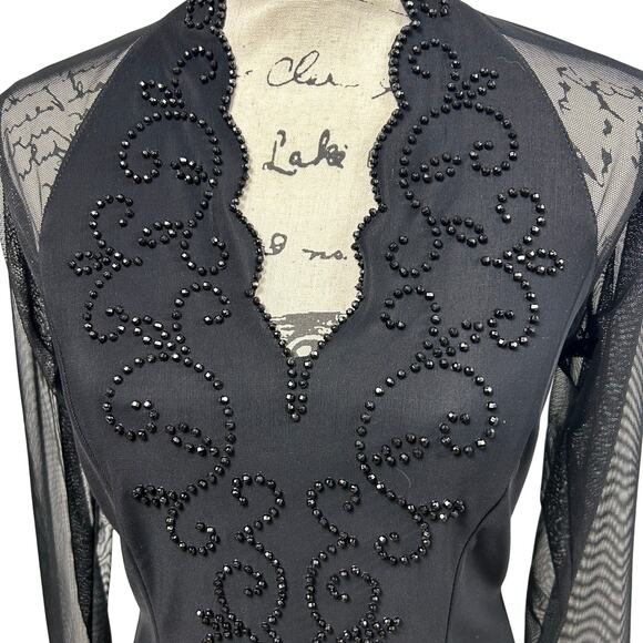 Vintage Beaded Blouse Black Sheer Long Sleeve Deep V-Neck Shirt Scallop Date - Picture 5 of 11